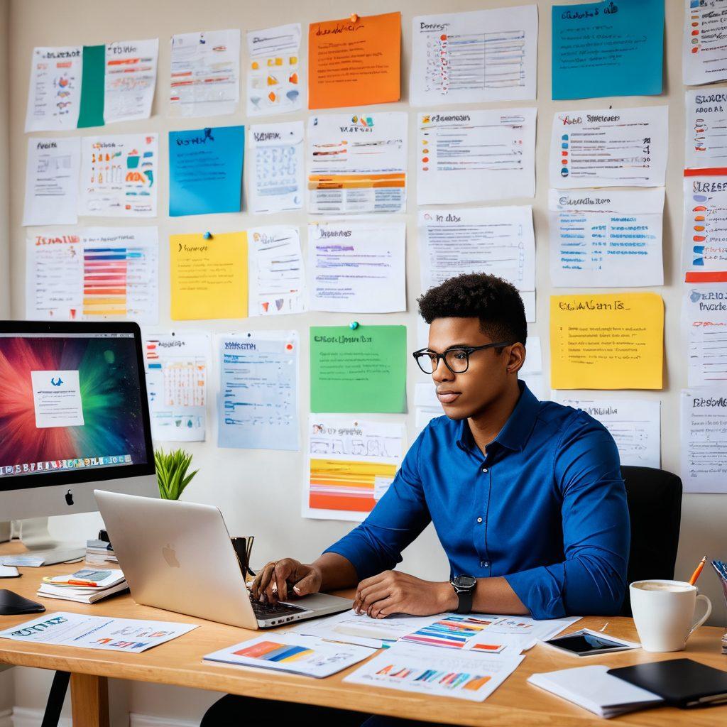 A person sitting at a desk surrounded by stacks of resumes and application forms, deeply focused on a laptop showcasing graphs and strategies for job and graduate applications. Bright motivational quotes are pinned on the walls, along with a vision board of goals and achievements. A cup of coffee sits nearby, radiating a sense of determination and hard work. The atmosphere is both inspiring and productive, bathed in warm, inviting light. super-realistic. vibrant colors. motivational style.